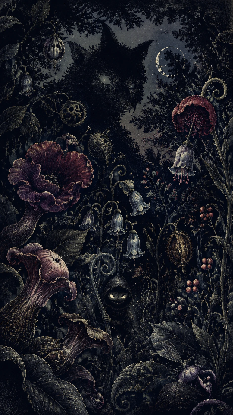Um jardim abandonado de flores enroladas sob uma lua fragmentada