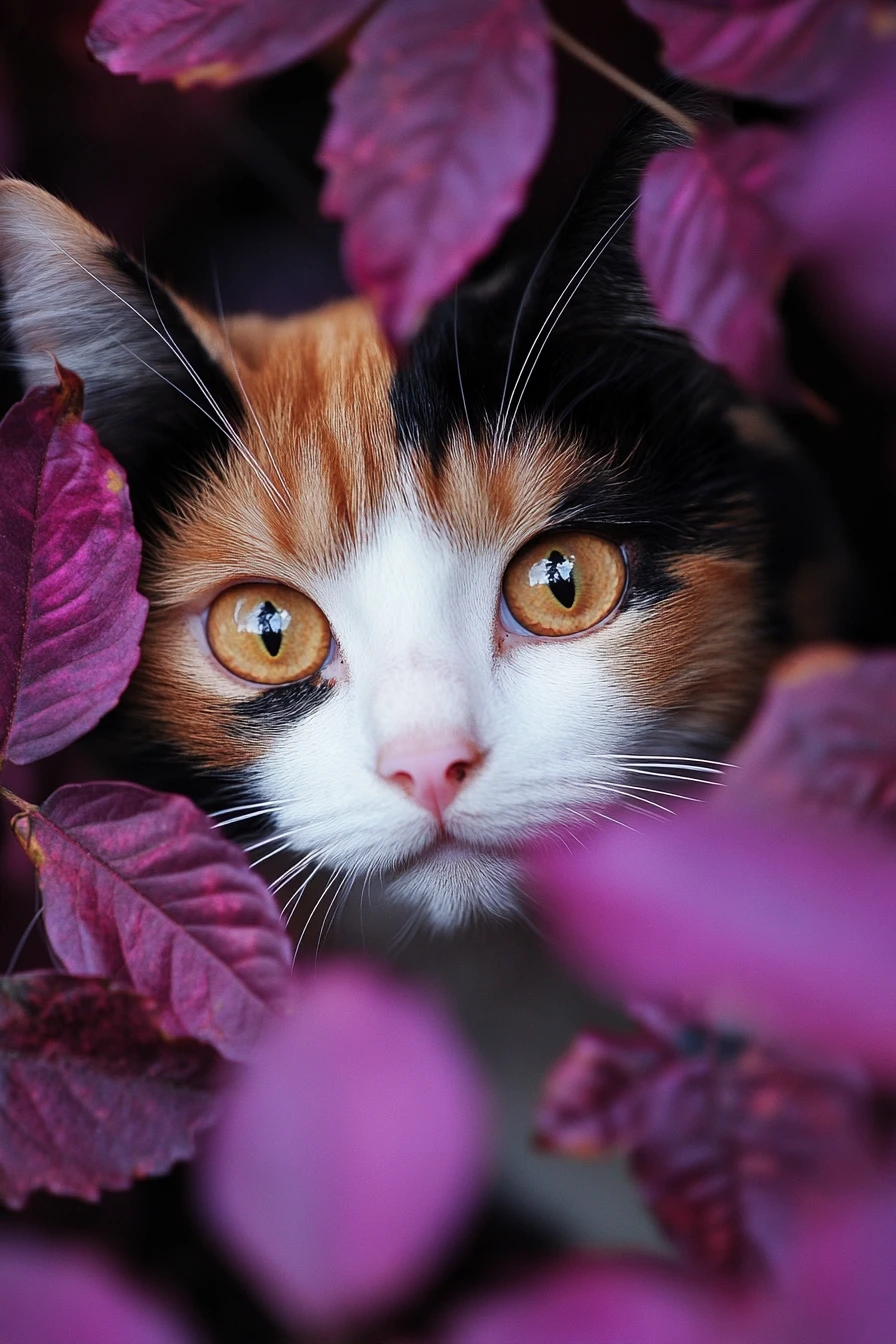 Eine dreifarbige Katze späht durch violette Herbstblätter und zeigt eine Pfote