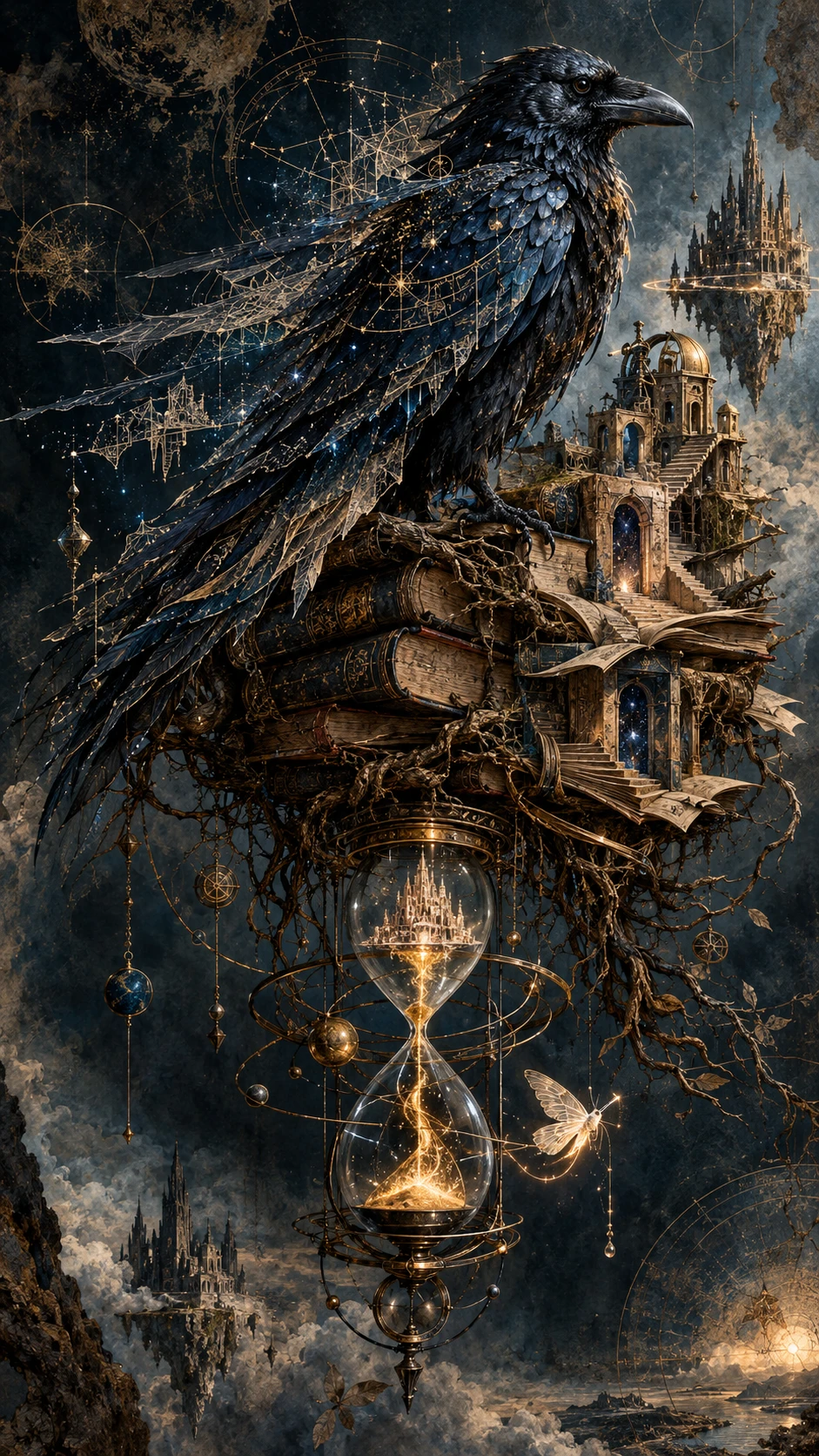 Um corvo de obsidiana pousa num arquivo flutuante de livros desgastados