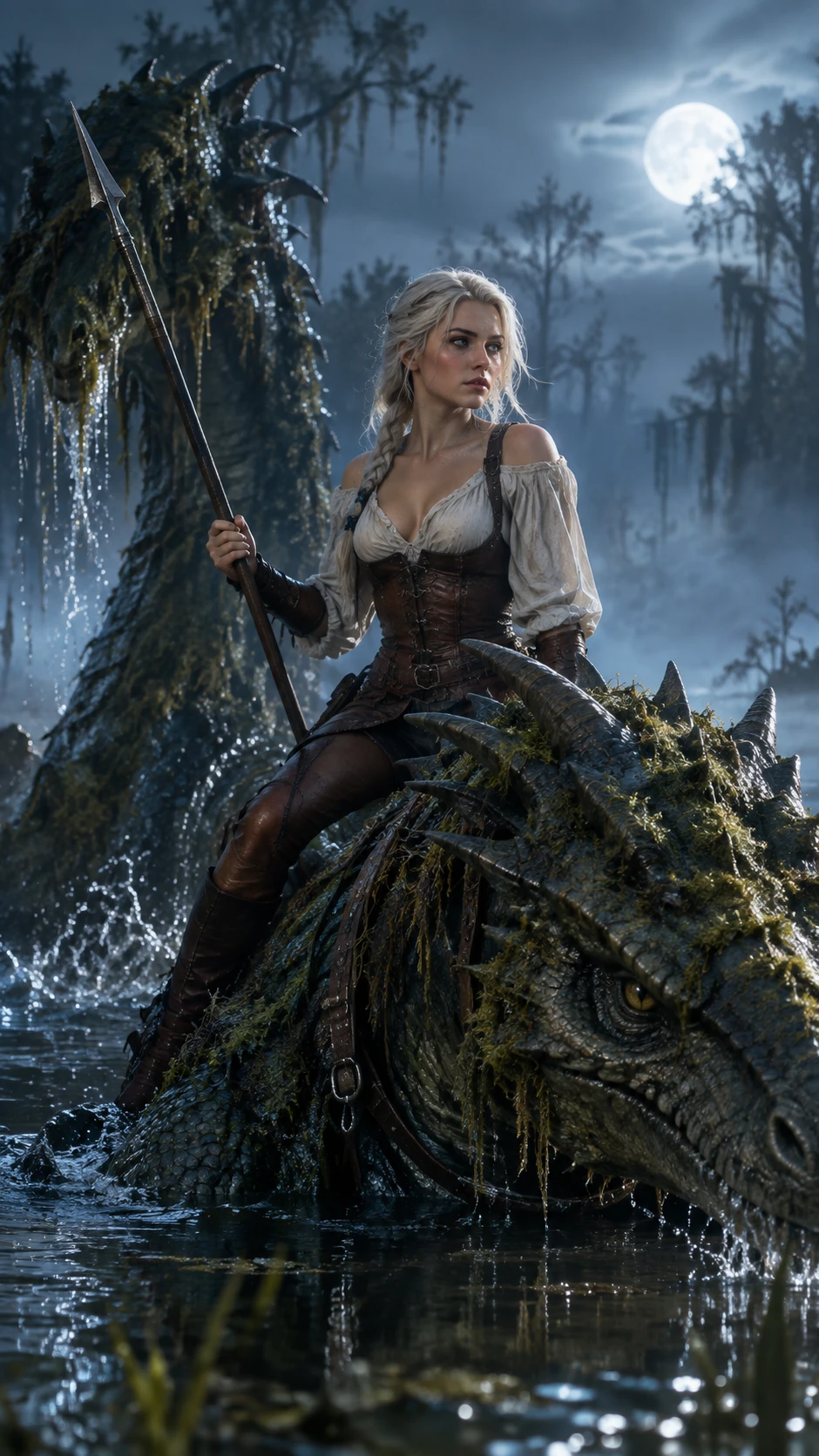 Ein weißhaariger Krieger reitet auf einem Drachen durch einen nebligen Sumpf