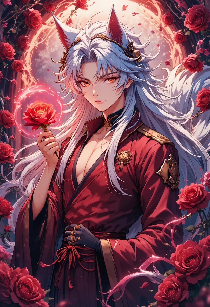 Yoko Kurama segura uma rosa vermelha luminosa entre espinhos e flores em redemoinho