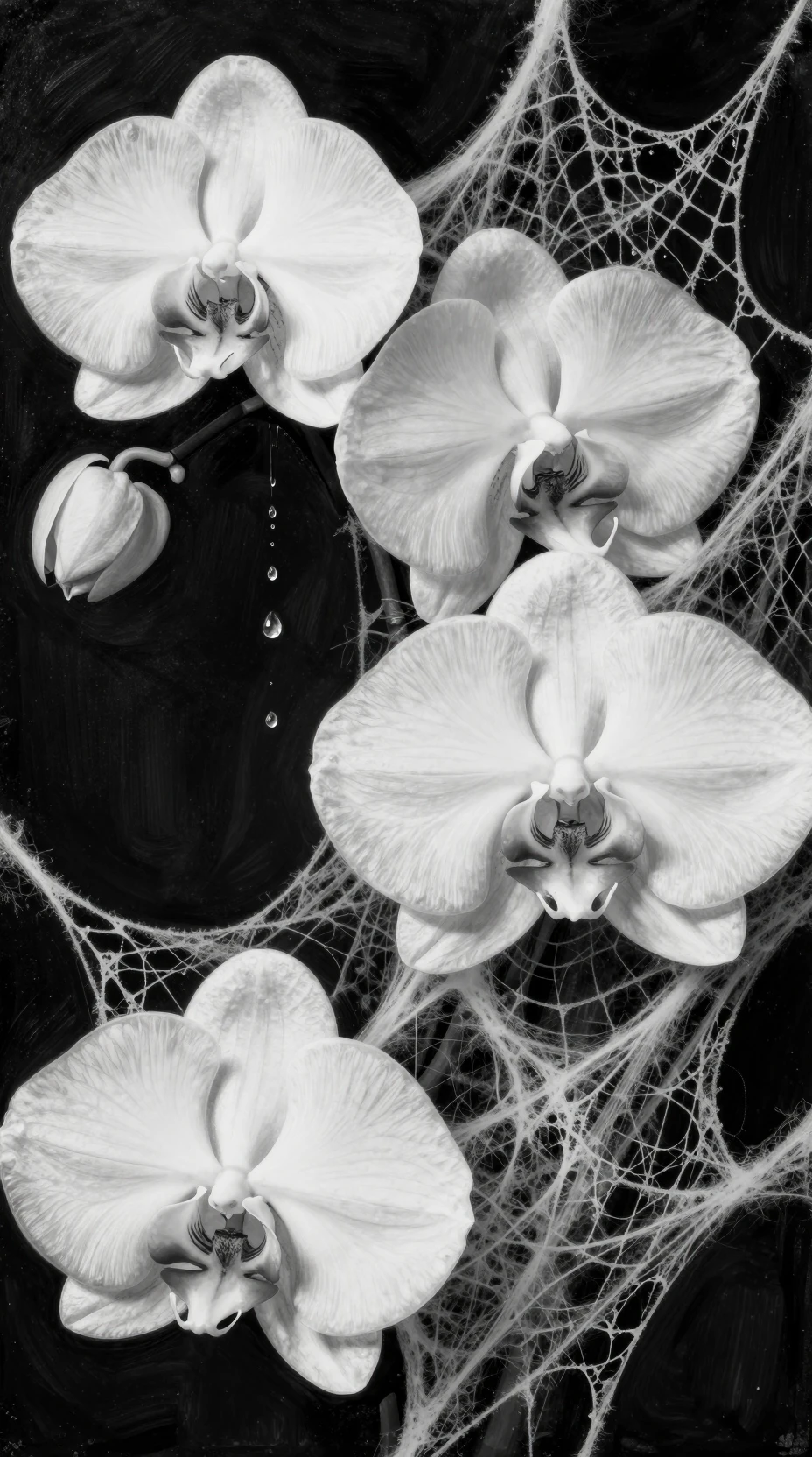 Une fée parmi des orchidées géantes et des toiles d'araignée sur une toile noire