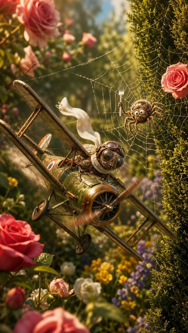 A Focused Fly Pilots a Vintage Biplane Through a Colorful Garden