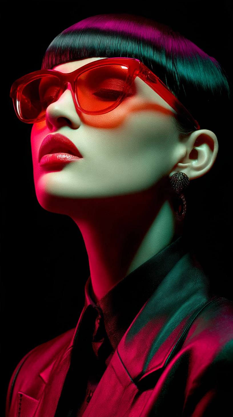 Uma mulher glamorosa com óculos visor vermelhos e um corte bob roxo