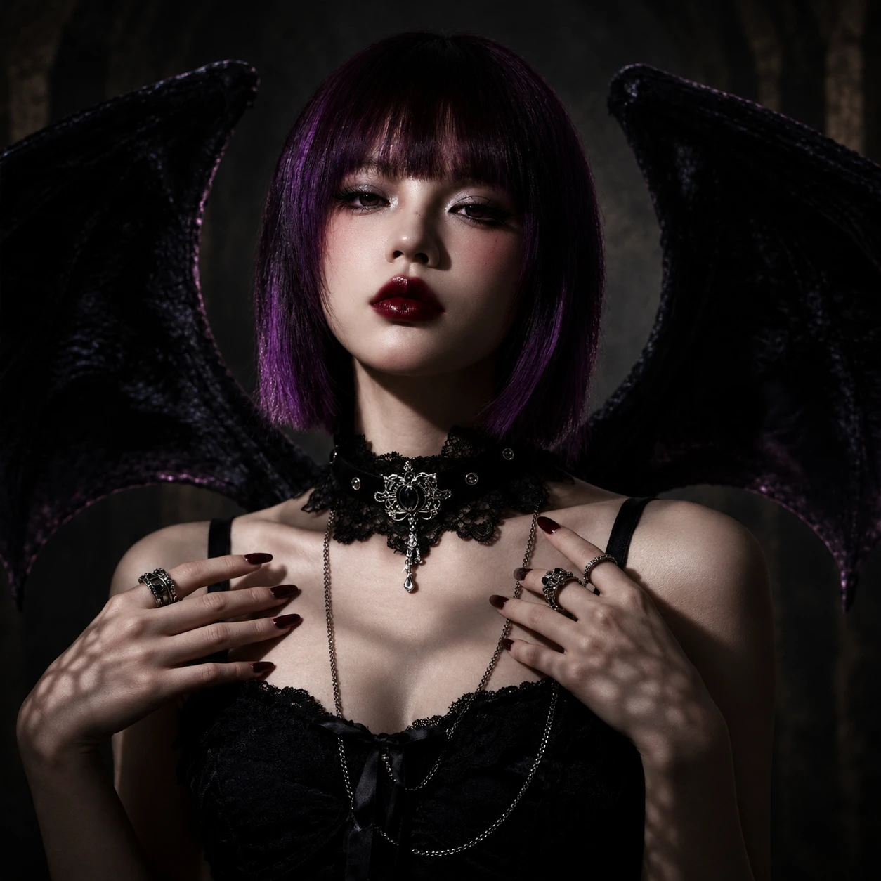 Um retrato gótico com cabelo roxo, detalhes de asas e pele de porcelana