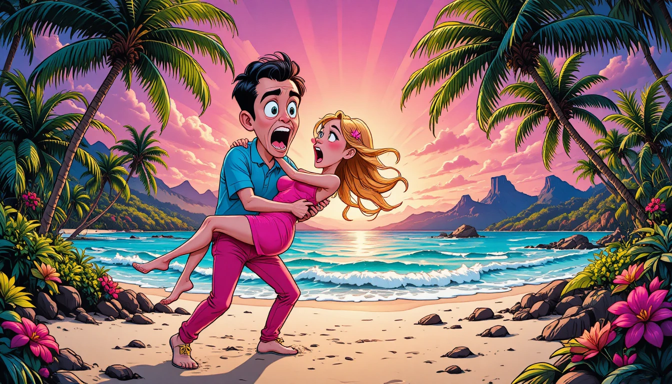 Um casal entra em pânico enquanto se abraça em uma praia tropical