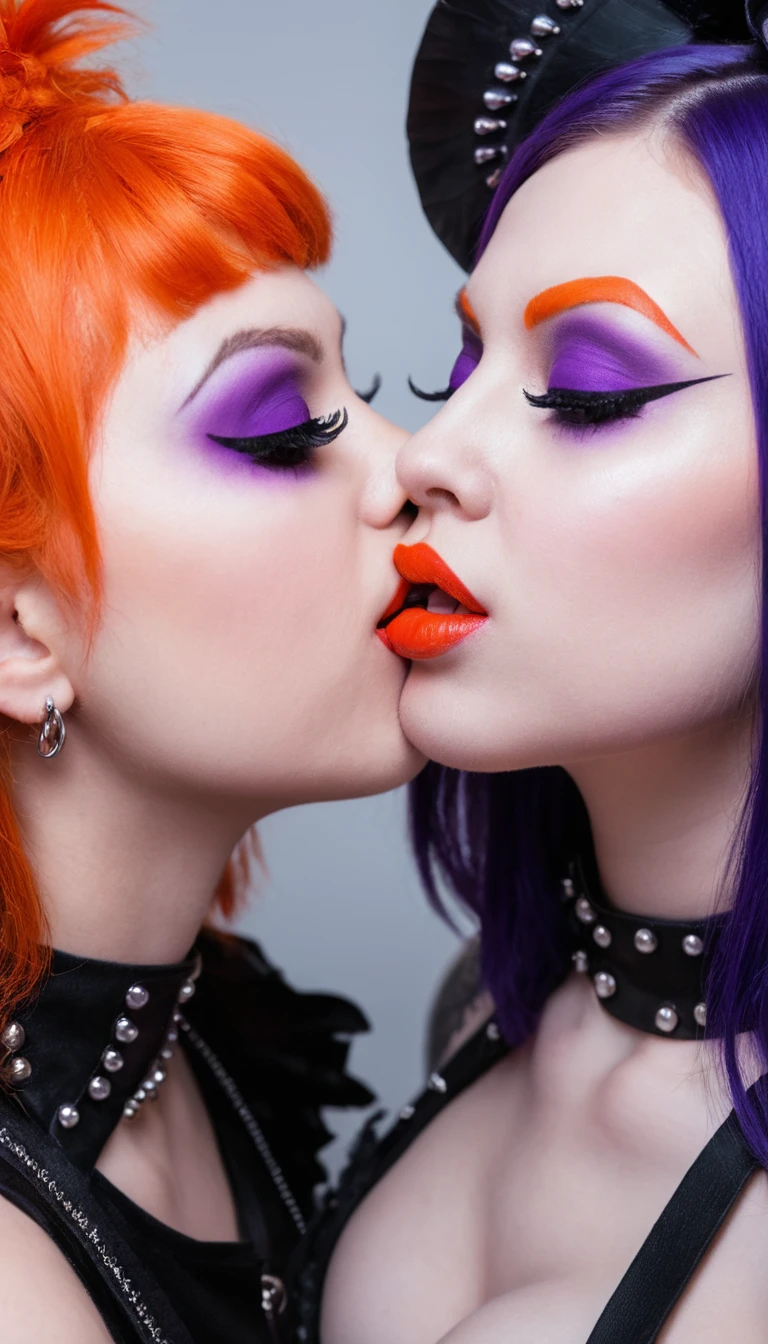 A goth girl with winged red eyeliner and purple lipstick