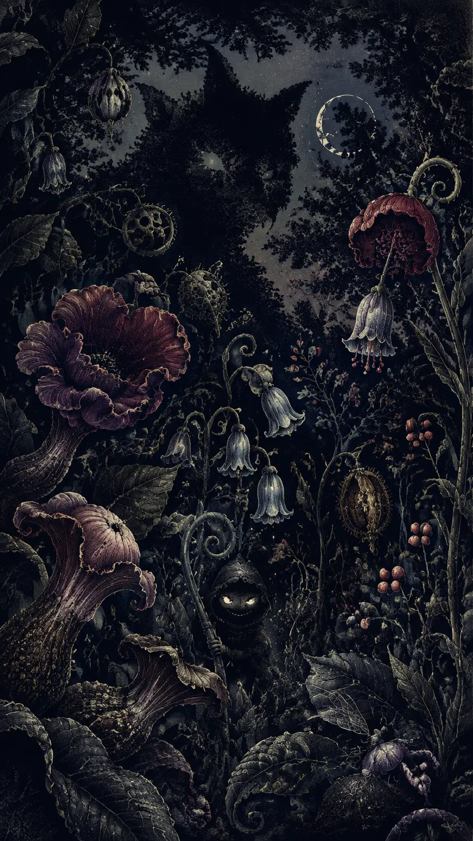 An abandoned garden of curled flowers beneath a fragmented moon