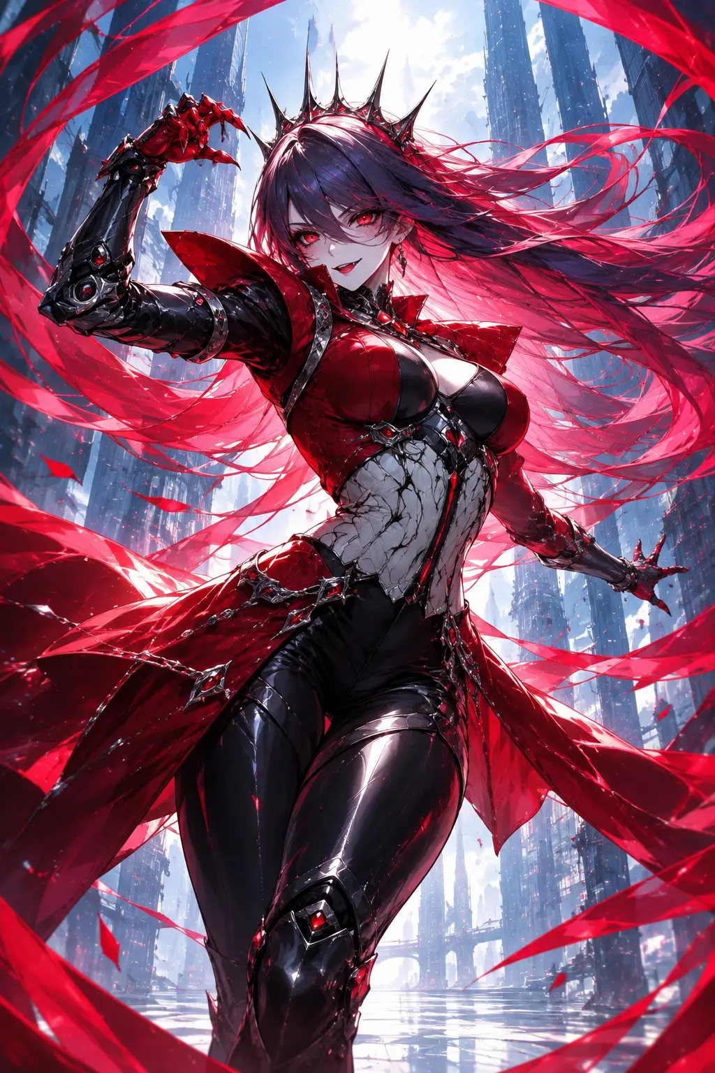 Una reina vampira avanza con paso firme por una imponente ciudad futurista