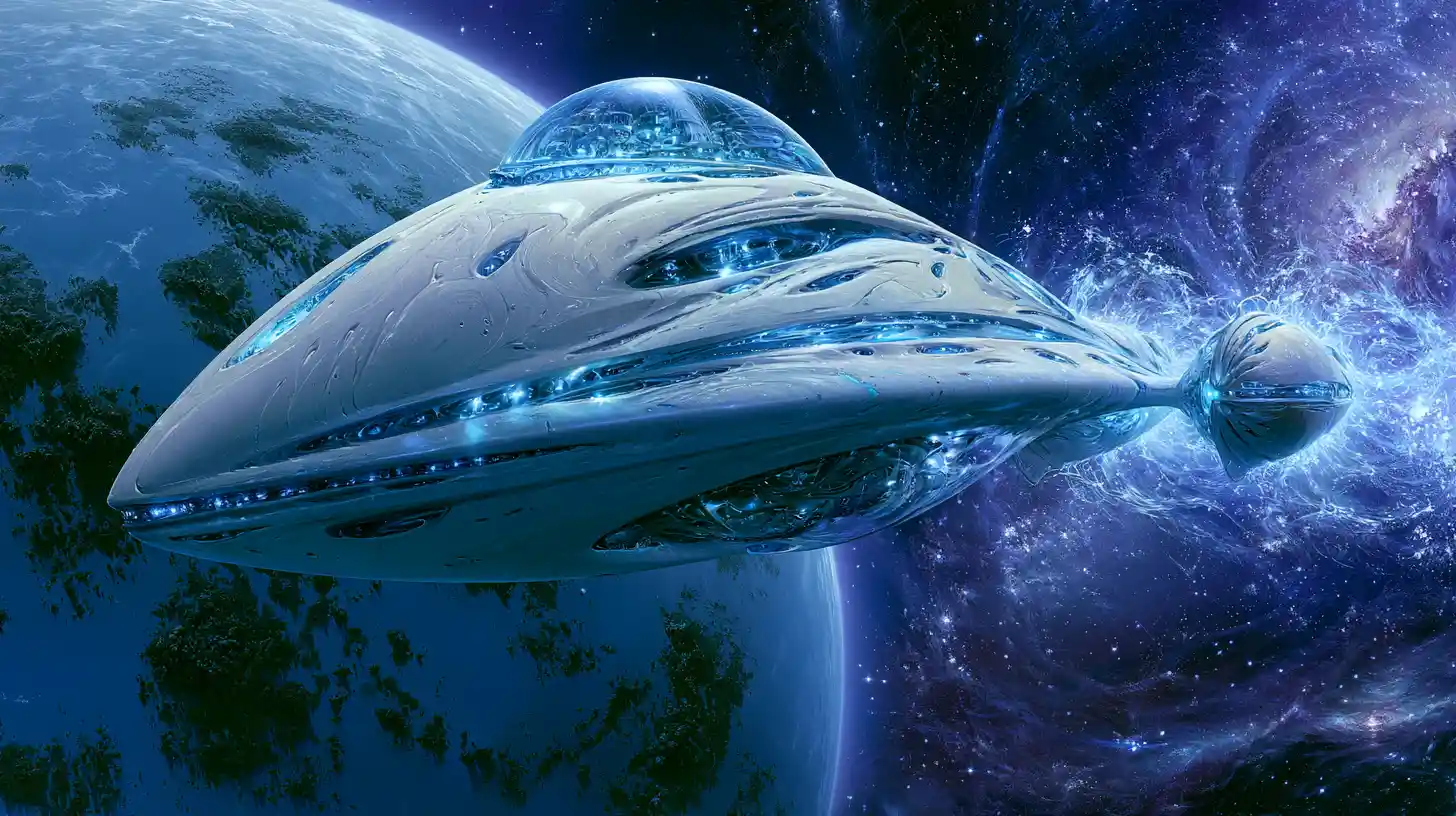 深宇宙で、巨大な宇宙船が広大な惑星のそばを飛翔する
