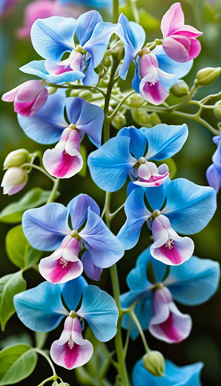 Uma trepadeira florida com flores azuis, cor-de-rosa e brancas em cascata