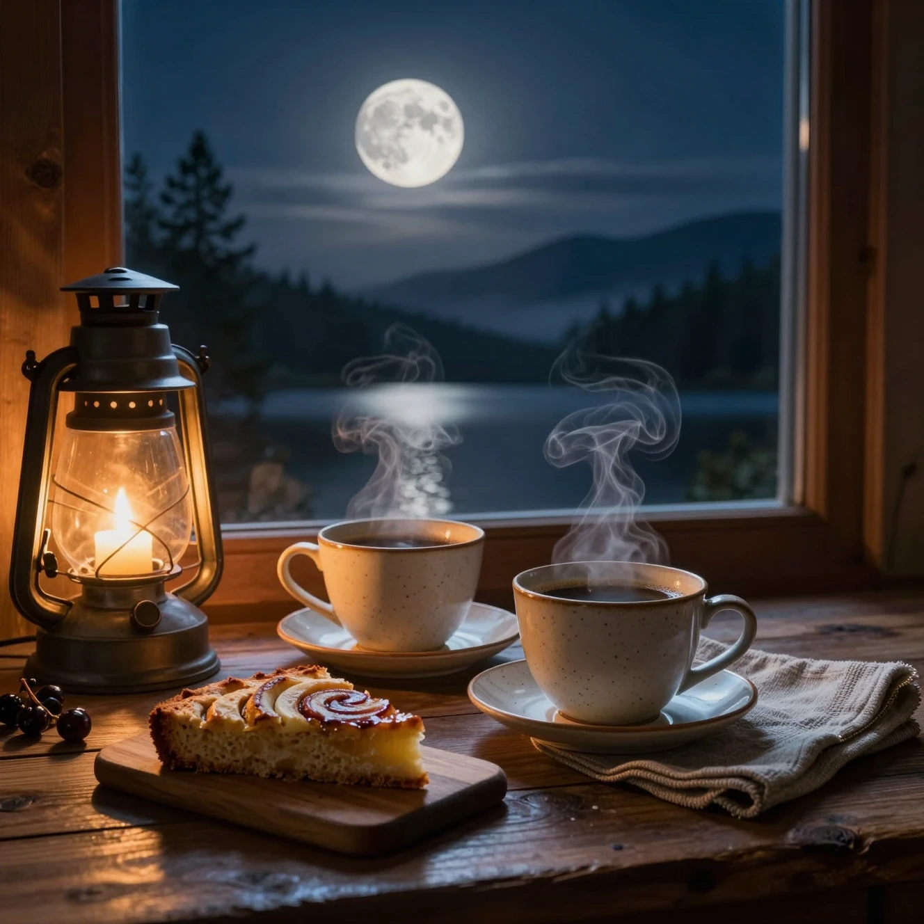 Dampfende Kaffeetassen auf einer gemütlichen Fensterbank bei Nacht