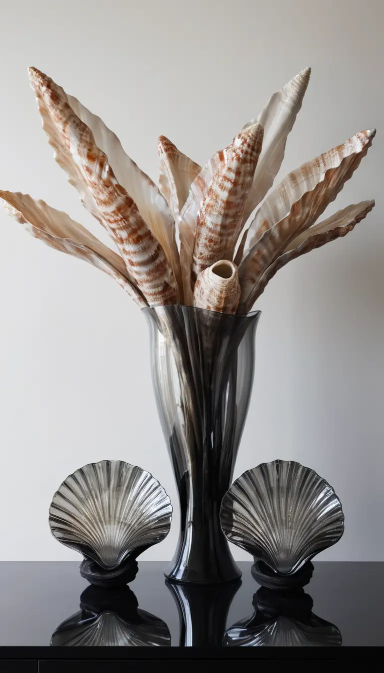 Oversized Metal Seashell Sculptures Rest Inside a Clear Glass Bowl