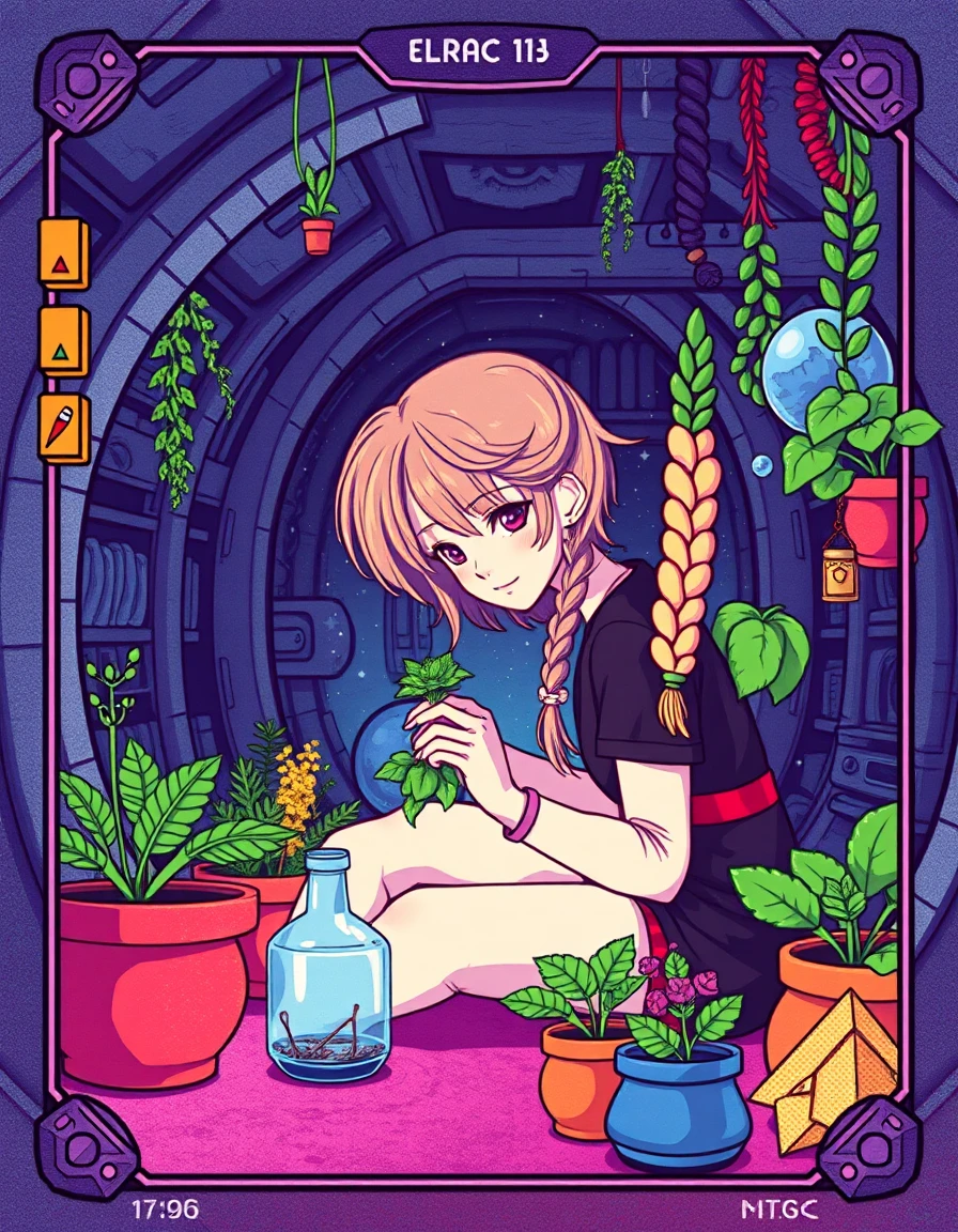 A Pixel Art Girl With A Lemon Braid Gathers Herbs In A Space Habitat