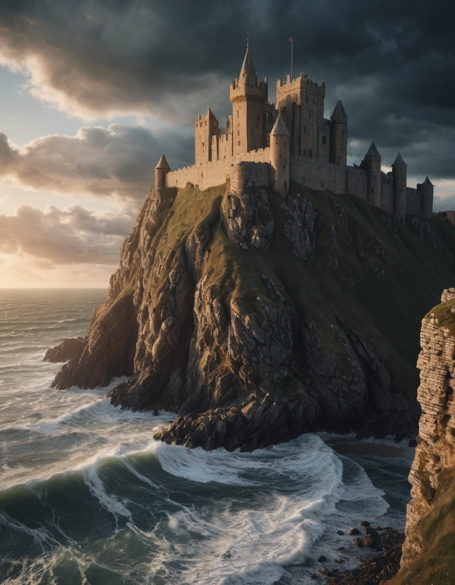 Um castelo medieval ergue-se sobre uma falésia à beira-mar ao pôr do sol