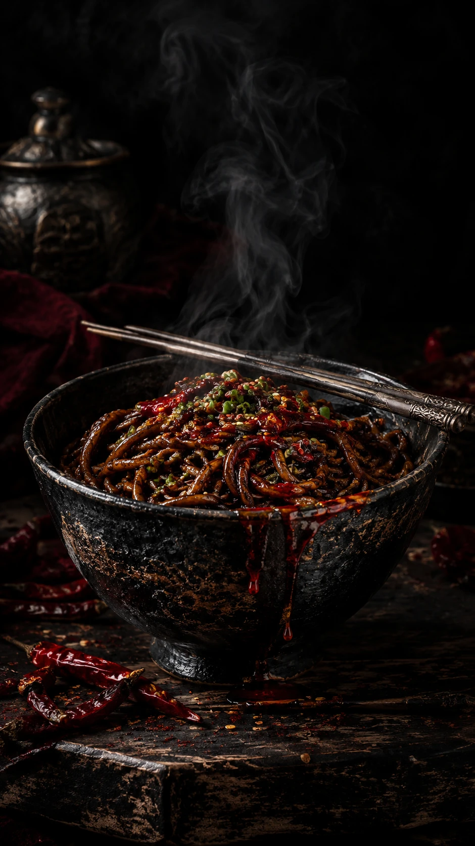 Un plat chinois de nouilles dans une photographie culinaire gothique saisissante