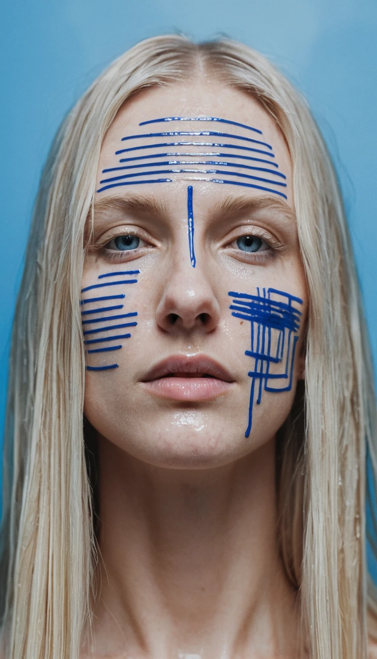 O rosto de uma mulher velado por cabelos molhados e anotações manuscritas em azul