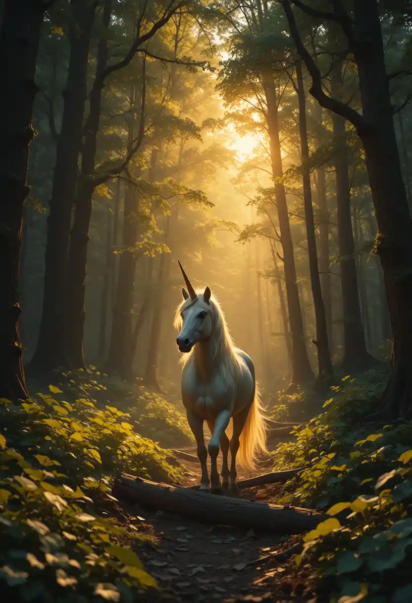 Ein Einhorn trabt zur goldenen Stunde durch einen verwunschenen Wald