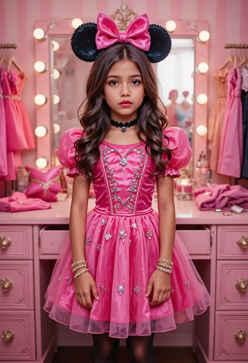 A tween boy in a princess costume stands before a vanity