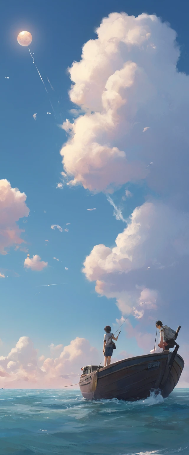 Bolhas encantadoras diante de nuvens fofas em um céu azul radiante