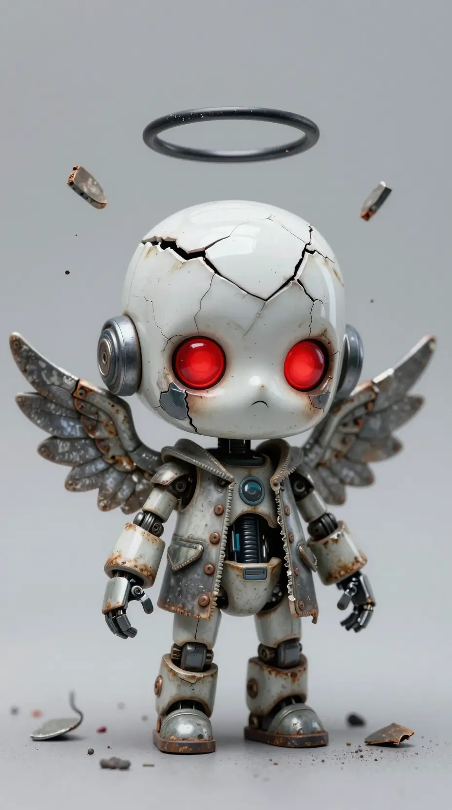 Um anjo robô chibi danificado, com olhos vermelhos brilhantes e asas de metal