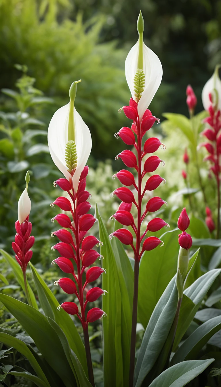 Flores vermelhas e brancas desabrocham em uma planta alta de jardim