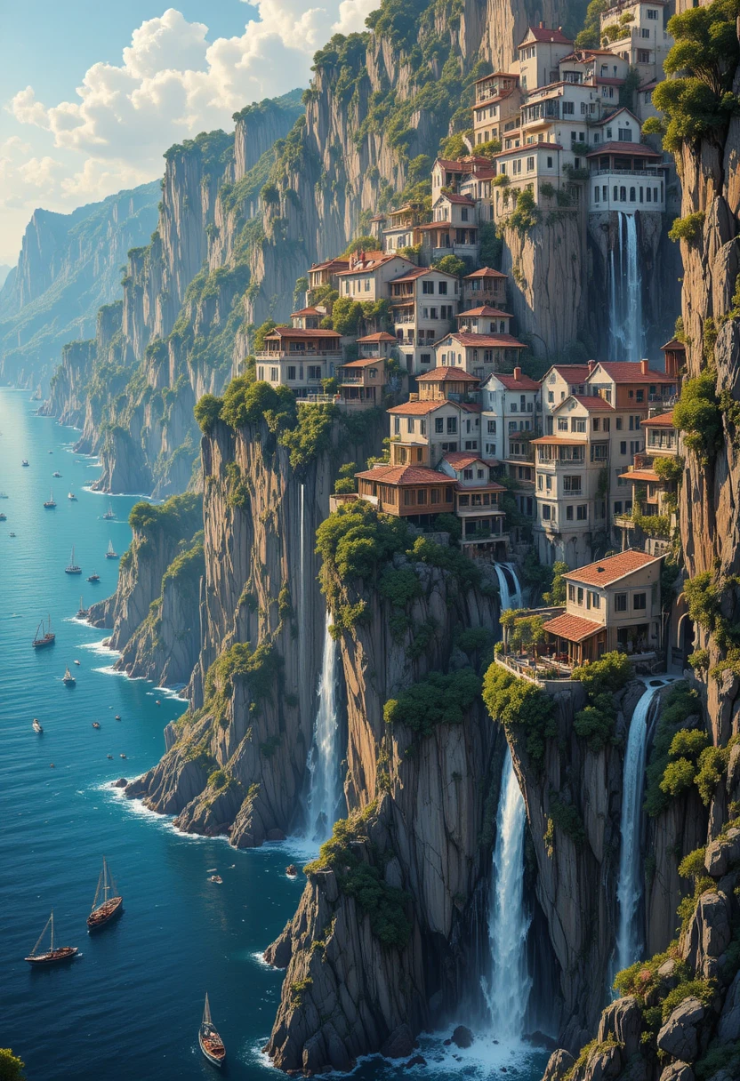 A Vast Cliffside City With Waterfalls Descending Into The Ocean