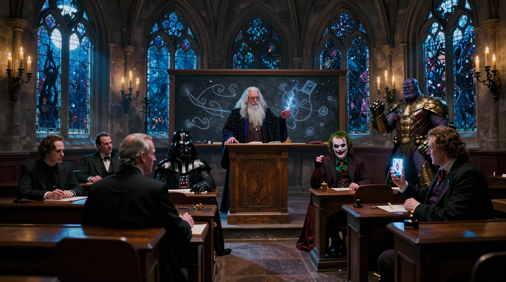 Dumbledore conjura runas brilhantes numa sala de aula gótica