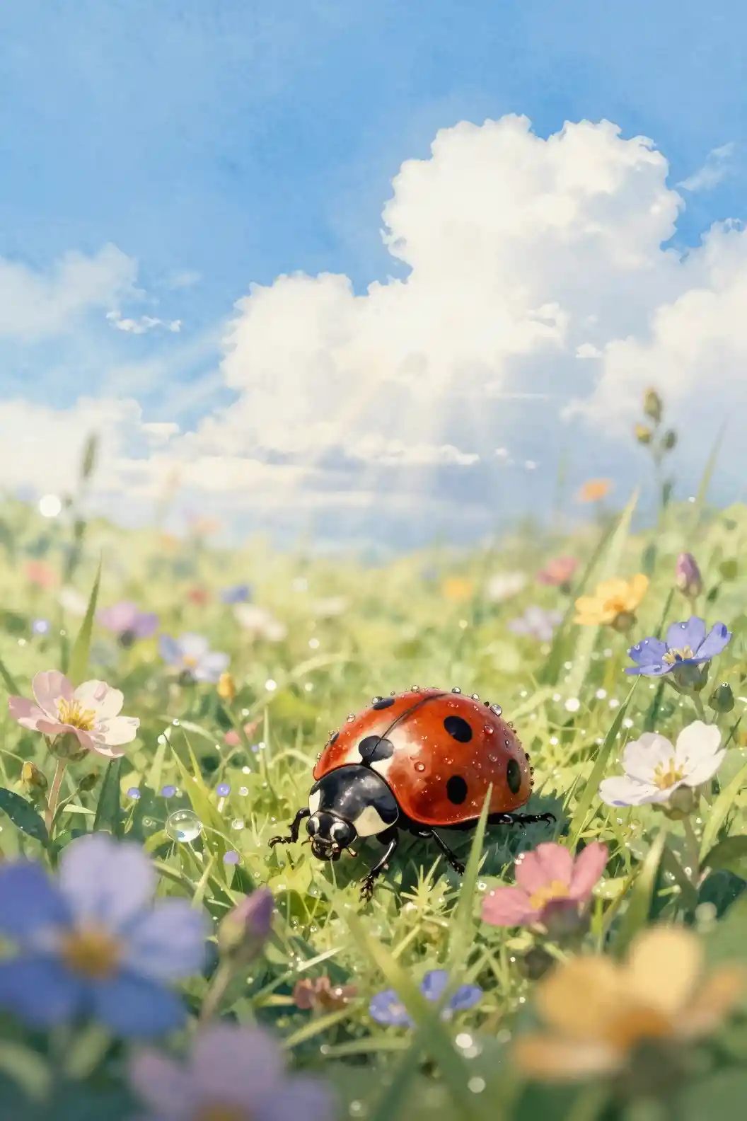 Ein Marienkäfer zwischen taufrischen Wildblumen unter strahlend blauem Himmel