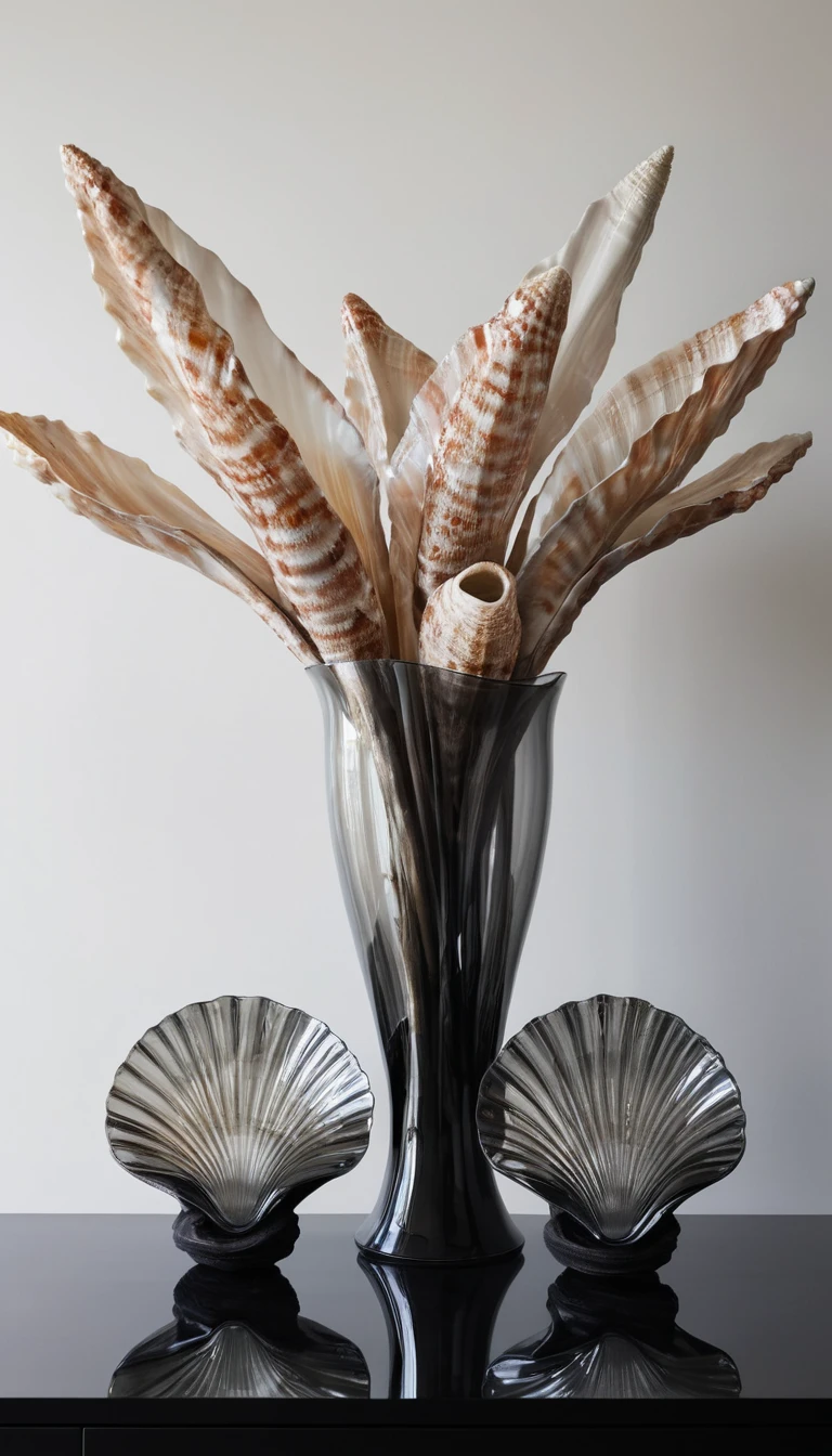 Oversized Metal Seashell Sculptures Rest Inside a Clear Glass Bowl
