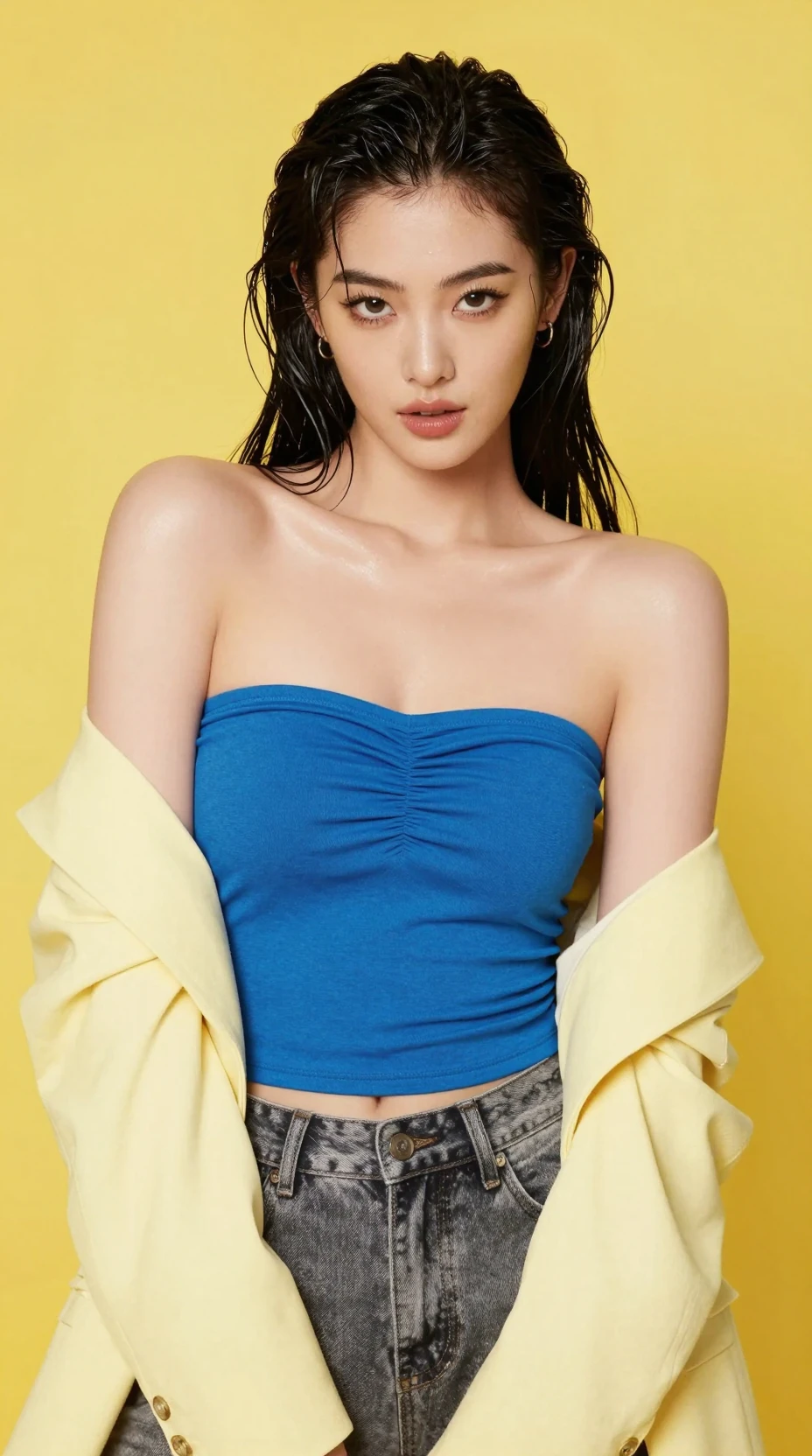 Uma mulher glamorosa irradia ousadia diante de um fundo amarelo vibrante