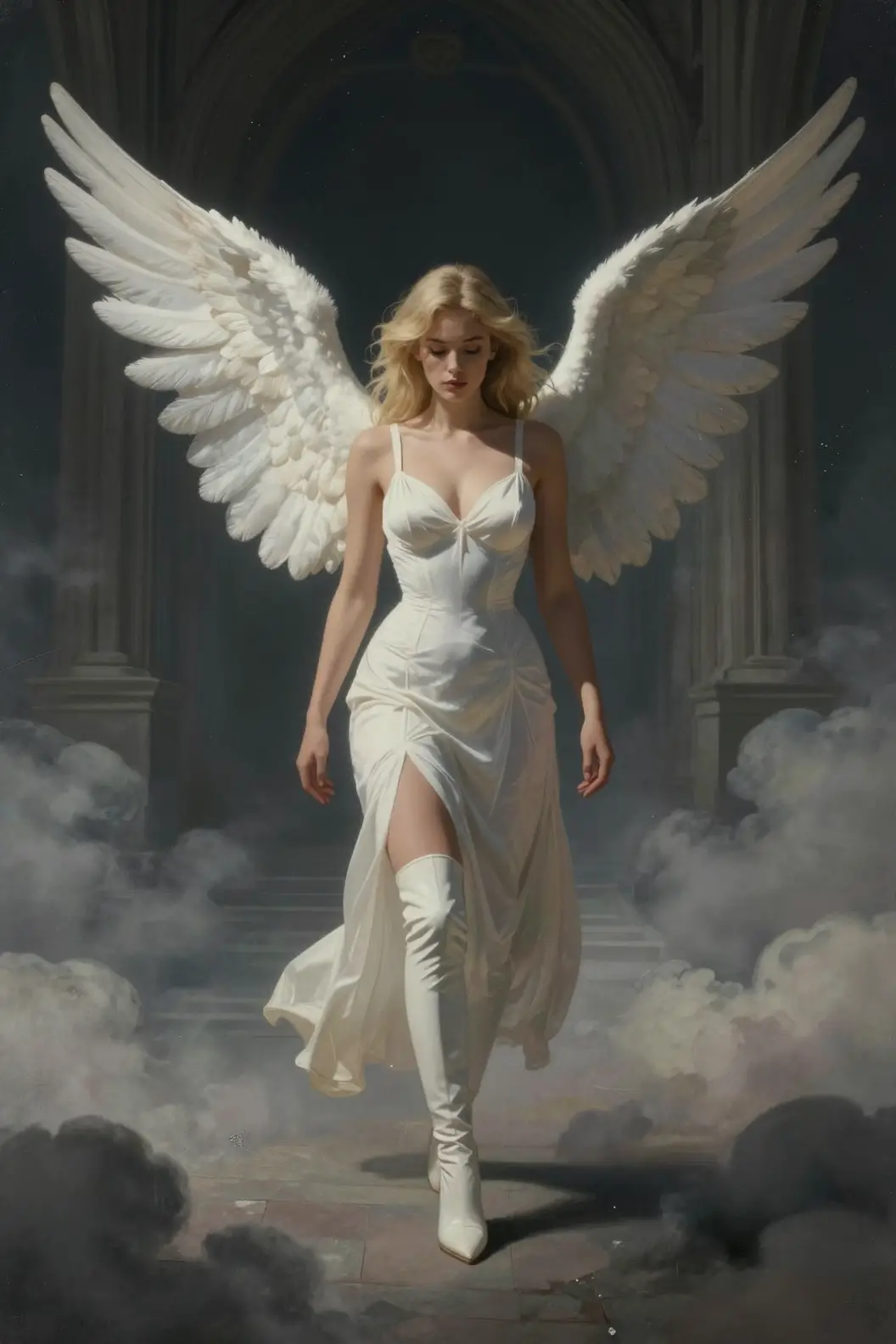 Eine blonde Engelin wandelt in einem wallenden weißen Kleid durch eine Kathedrale aus Wolken