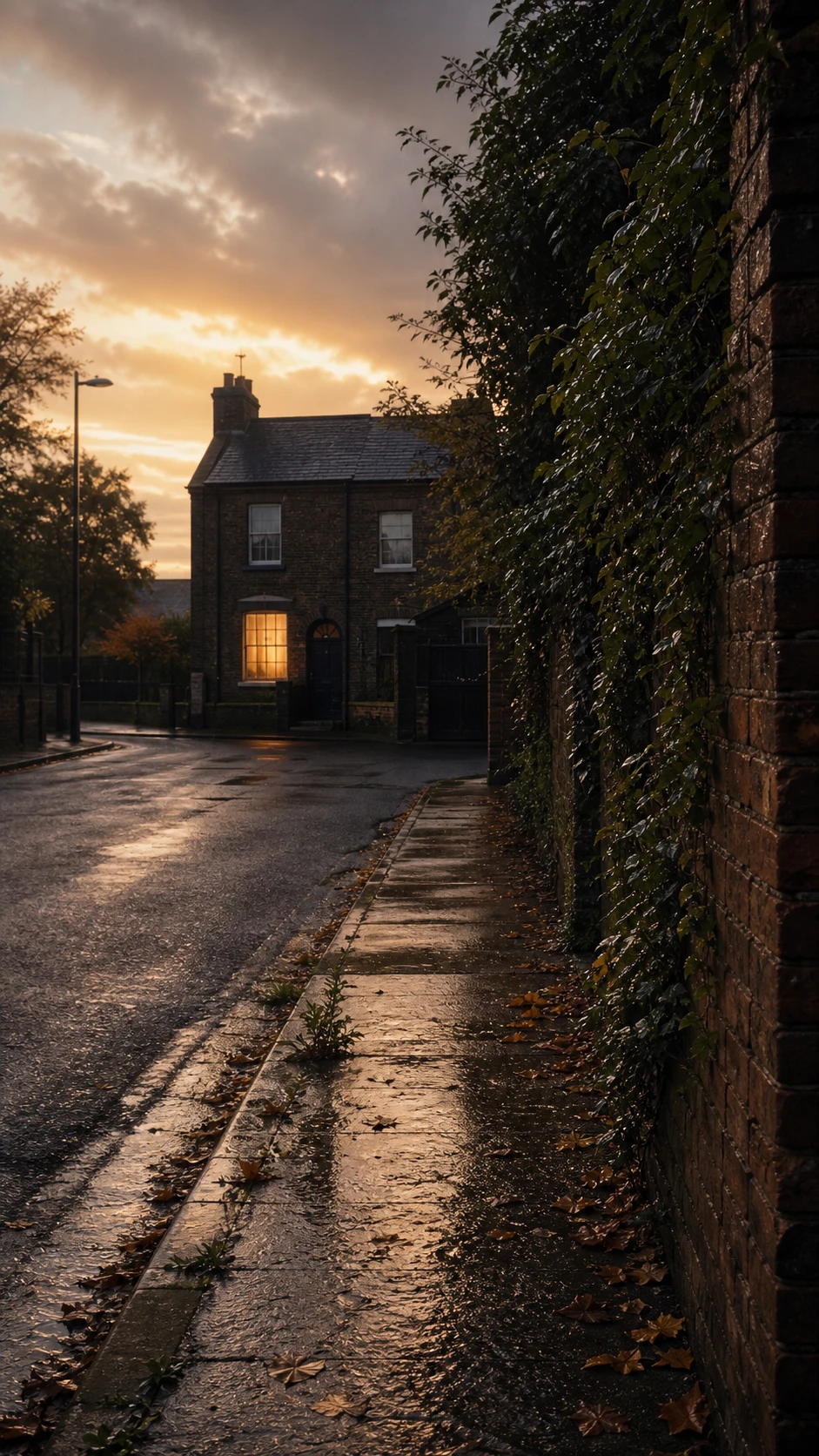 A quiet British brick house glows at the end of a wet street