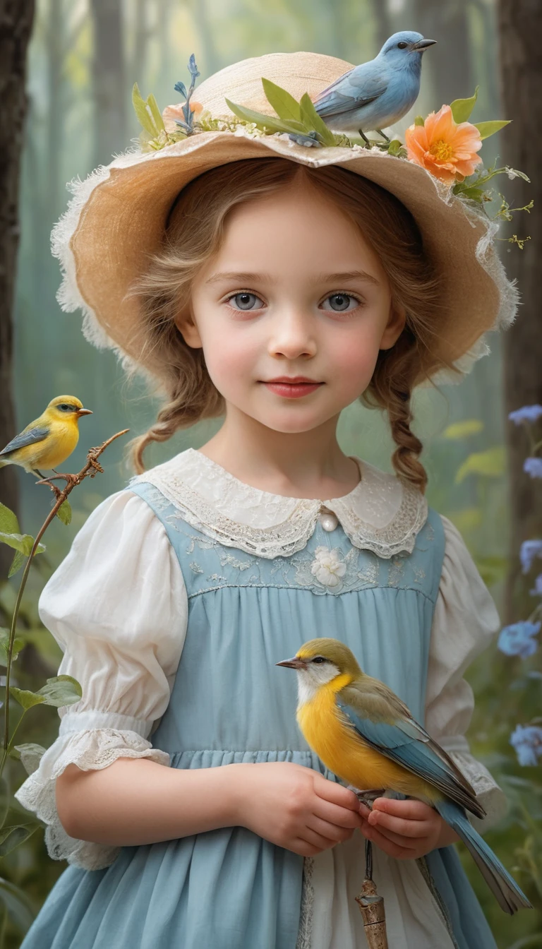 Uma menina sorridente segura um pequeno pássaro sob um chapéu azul florido