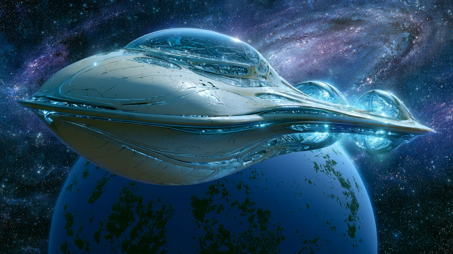 Un vaisseau spatial colossal passe près d’une planète azur dans les profondeurs de l’espace