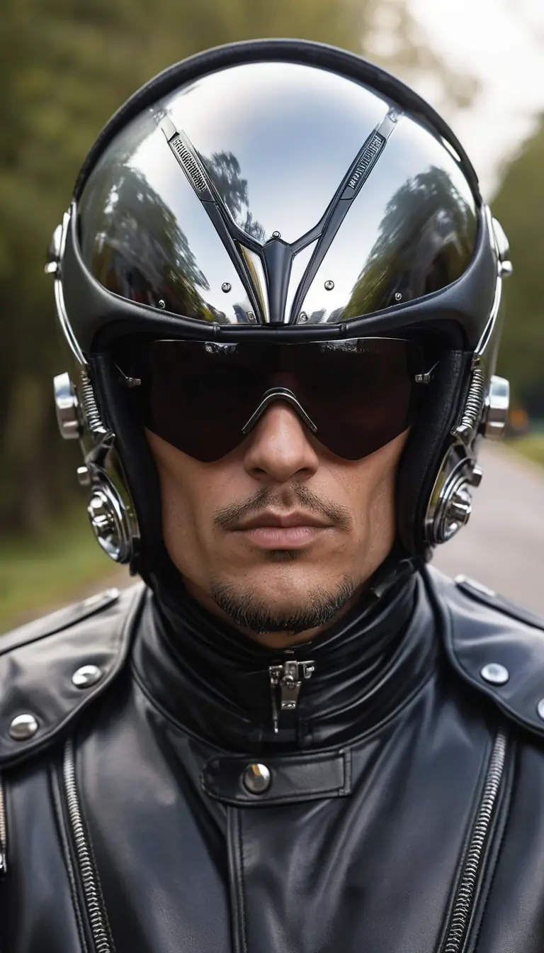An Extravagant Biker in a Sculptural Mechanical Helmet
