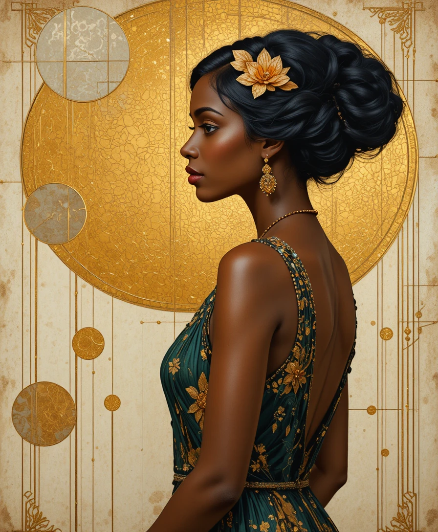Uma mulher desafiadora dos anos 1920 de perfil diante de um fundo dourado art nouveau