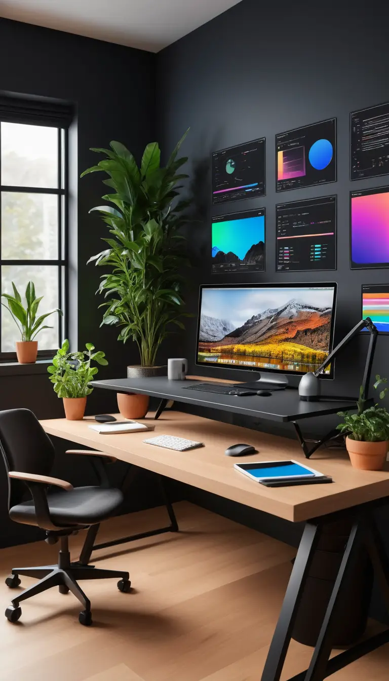Der Arbeitsplatz eines modernen Webdesigners mit gebogenem Ultrawide-Monitor
