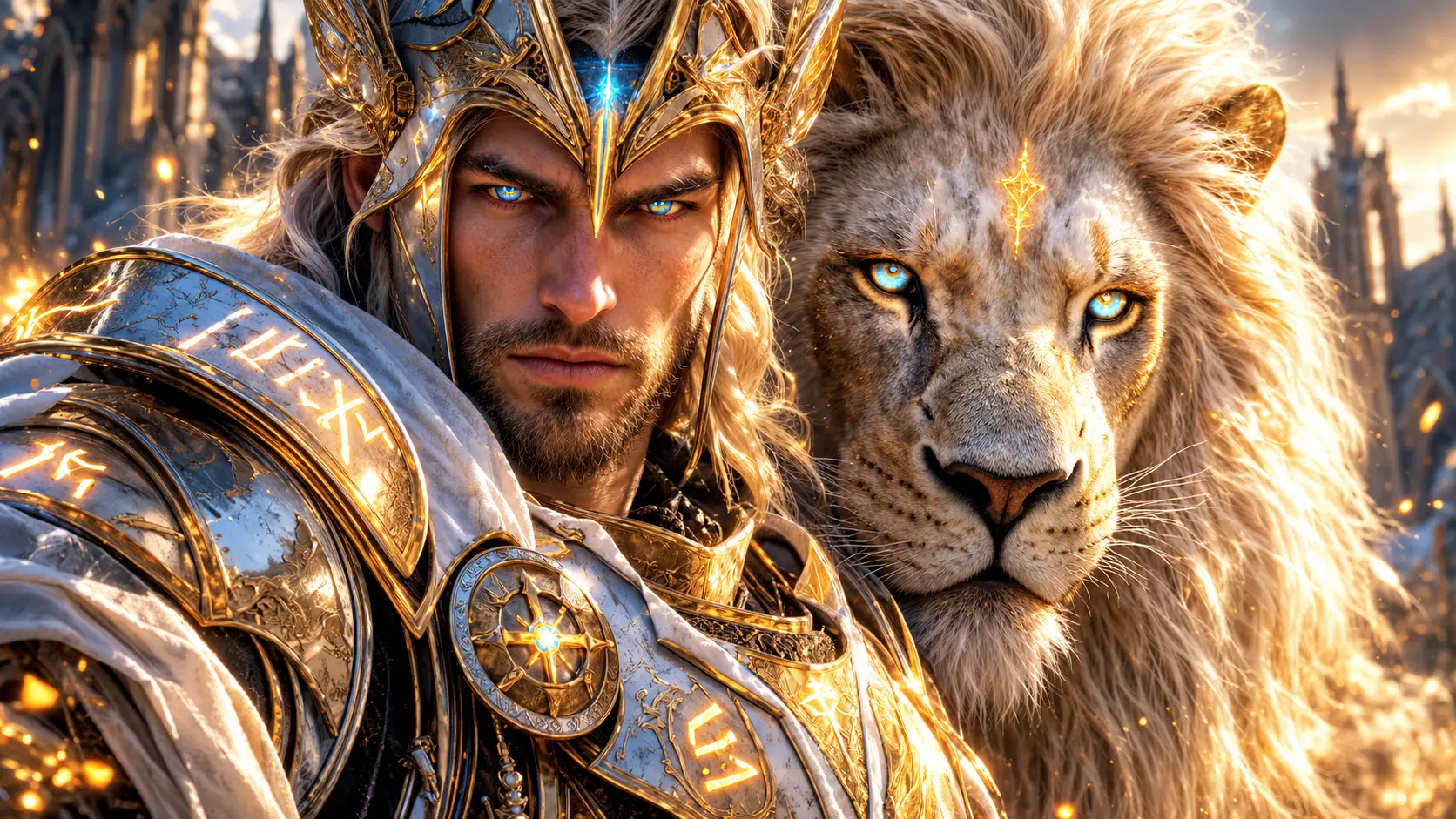 Armored paladin and white lion share a dramatic close up portrait