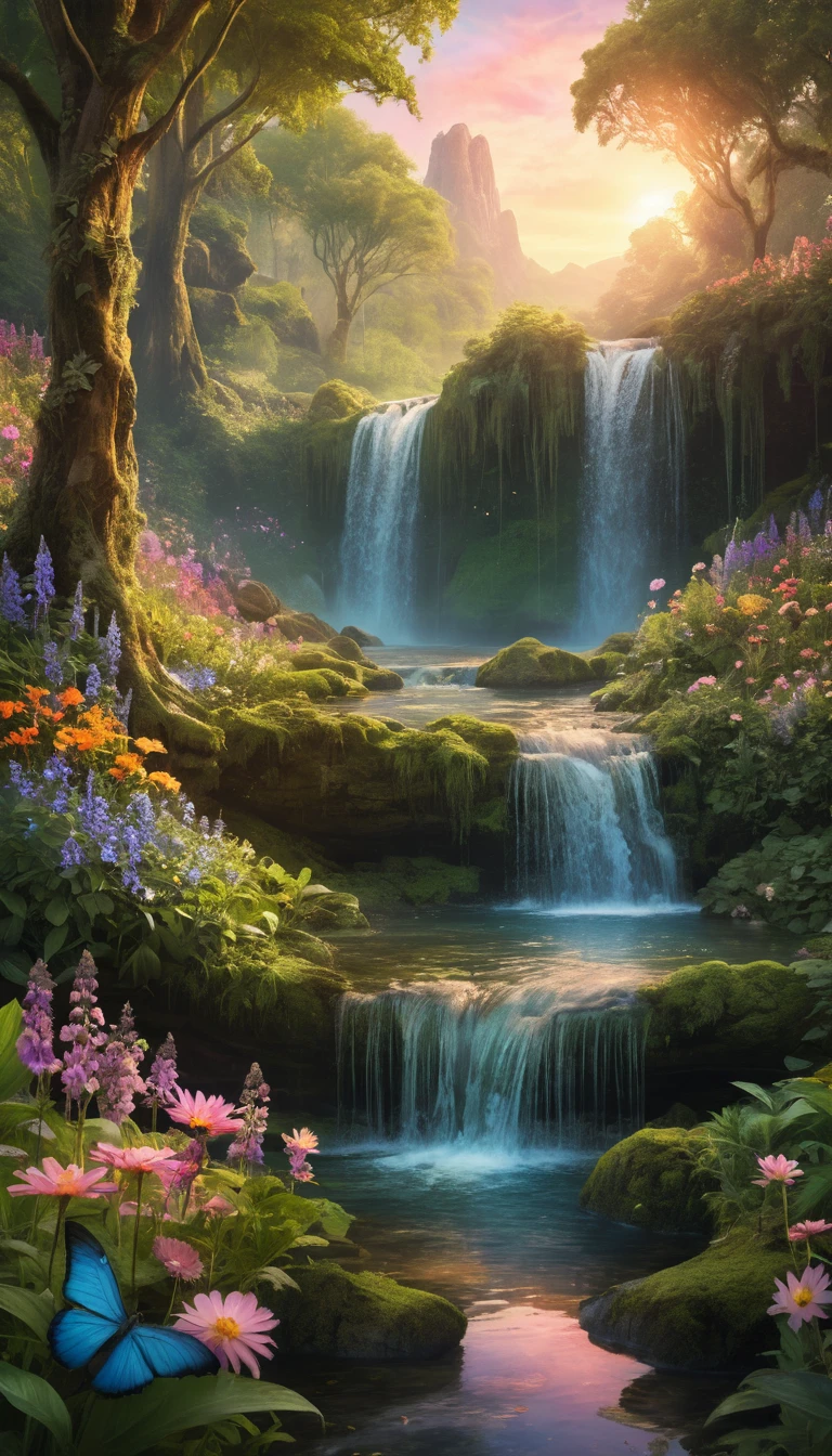 Un paisaje de bosque de ensueño con cascadas iridiscentes y flores silvestres