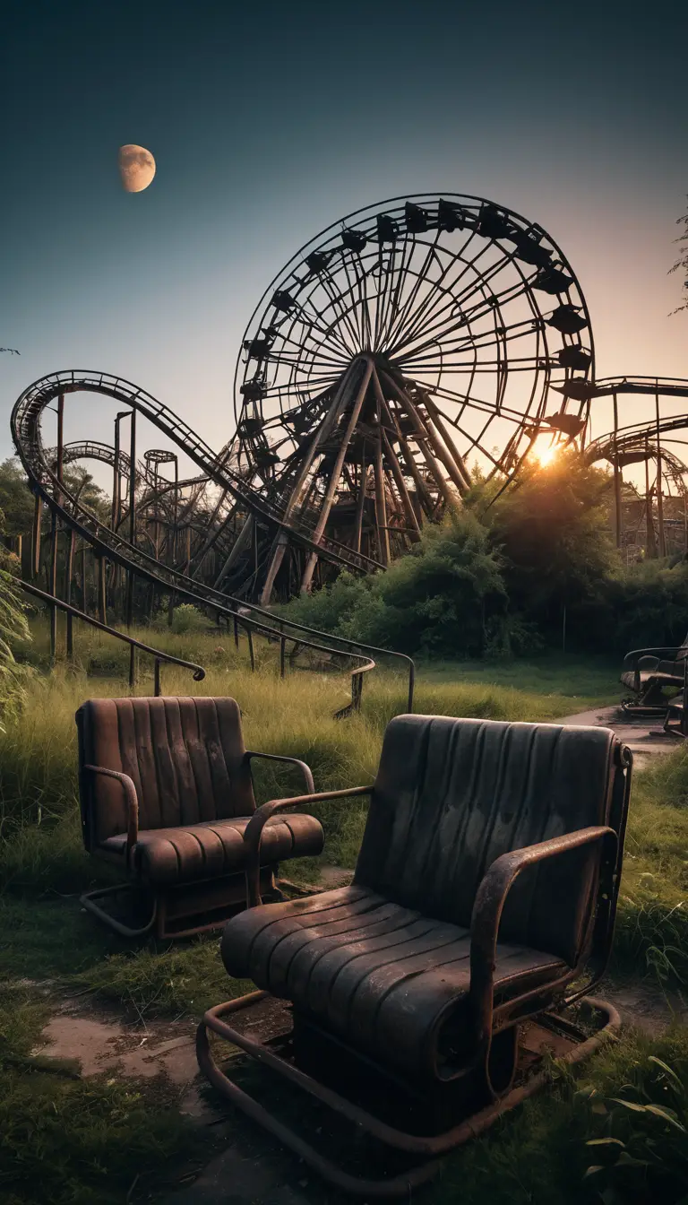 An Abandoned Theme Park Roller Coaster Looms Beneath the Rising Moon