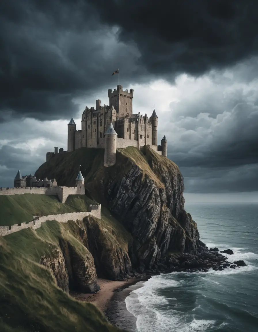 Un castello medievale svetta su una scogliera affacciata su un mare in tempesta