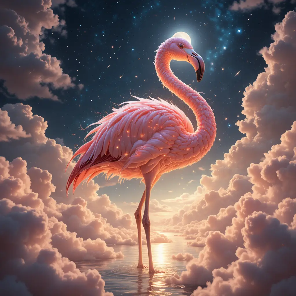 Ein majestätischer Flamingo steht auf einem Bein inmitten goldener Wolken der goldenen Stunde
