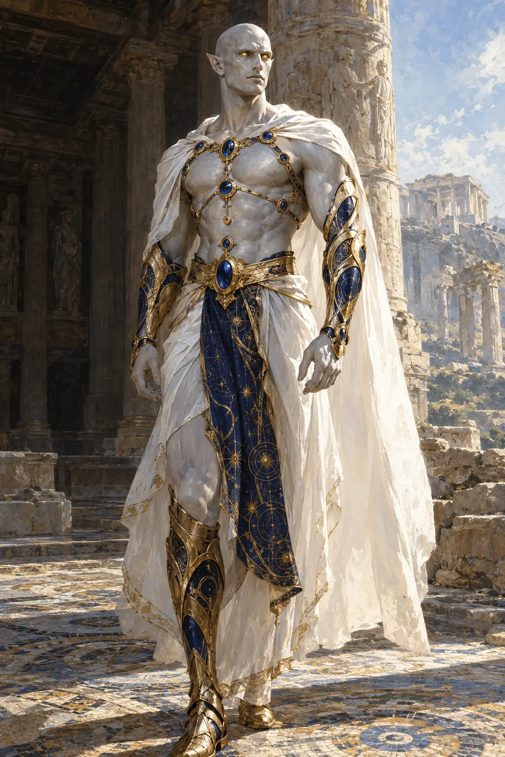 A golden-armored humanoid stands beneath sunlit temple columns