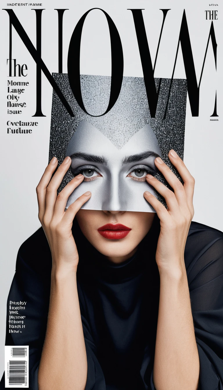 A woman holds an oversized magazine across half her face