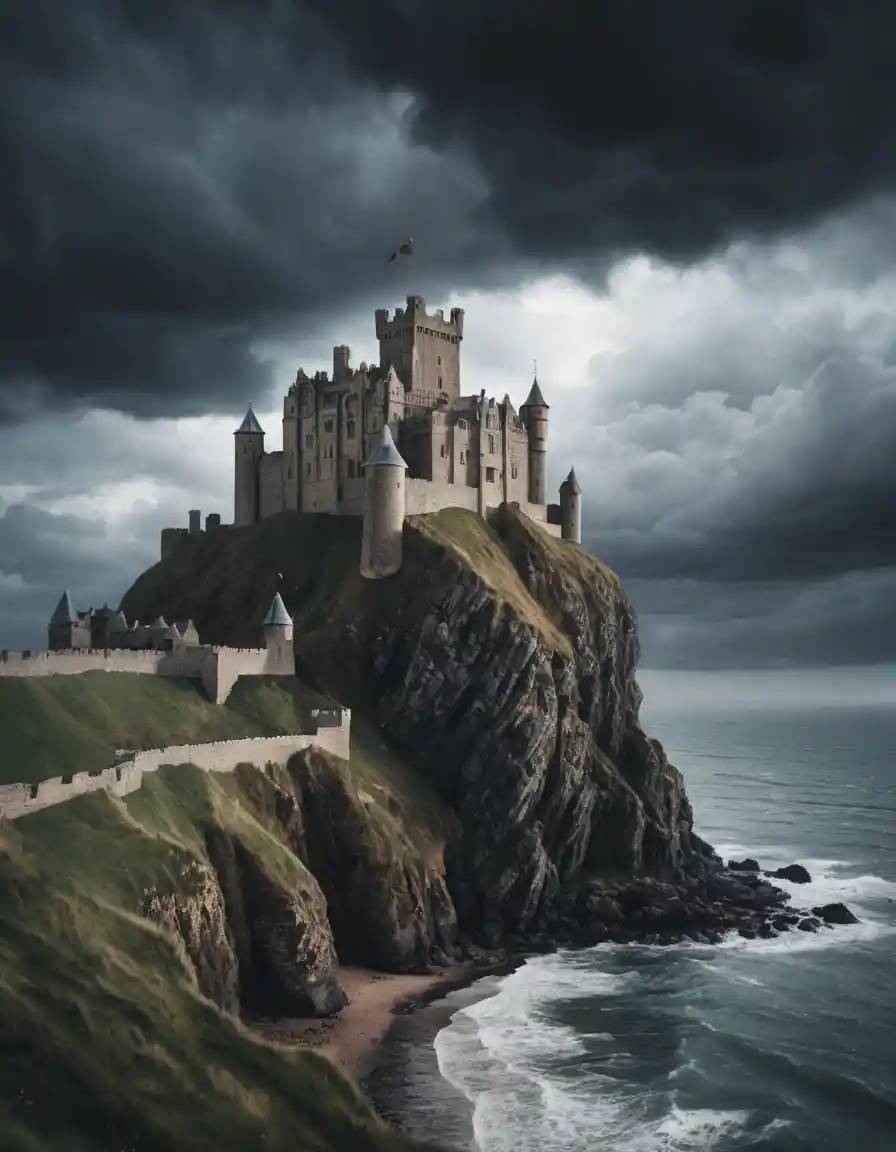 Um castelo medieval ergue-se sobre uma falésia junto a um mar tempestuoso