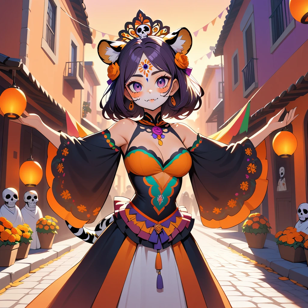 Uma mulher-tigre posa orgulhosamente numa praça mexicana ao pôr do sol
