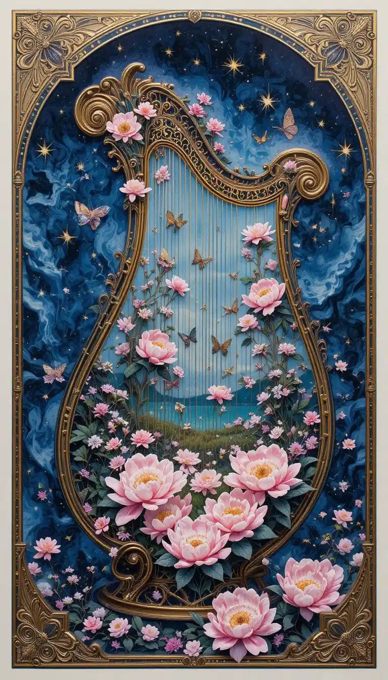 Uma mulher dos anos 1920 diante de um fundo estrelado com motivos florais japoneses em estilo art nouveau