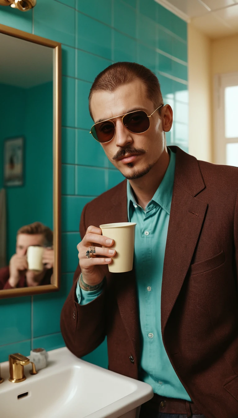 Um homem elegante toma café em um banheiro retrô