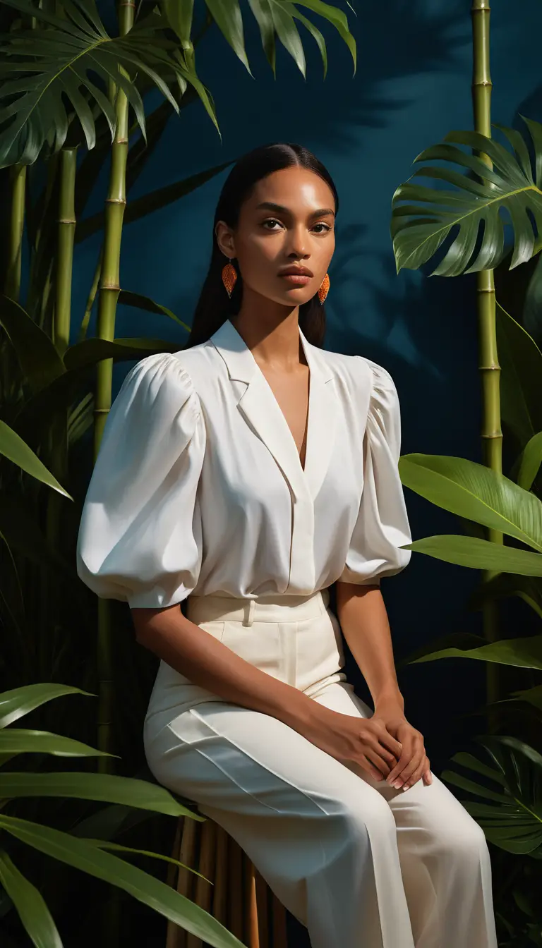 A woman sits among oversized tropical plants beneath a blue evening sky